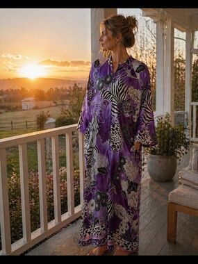 Natori Purple Floral & Animal Print Satin Caftan